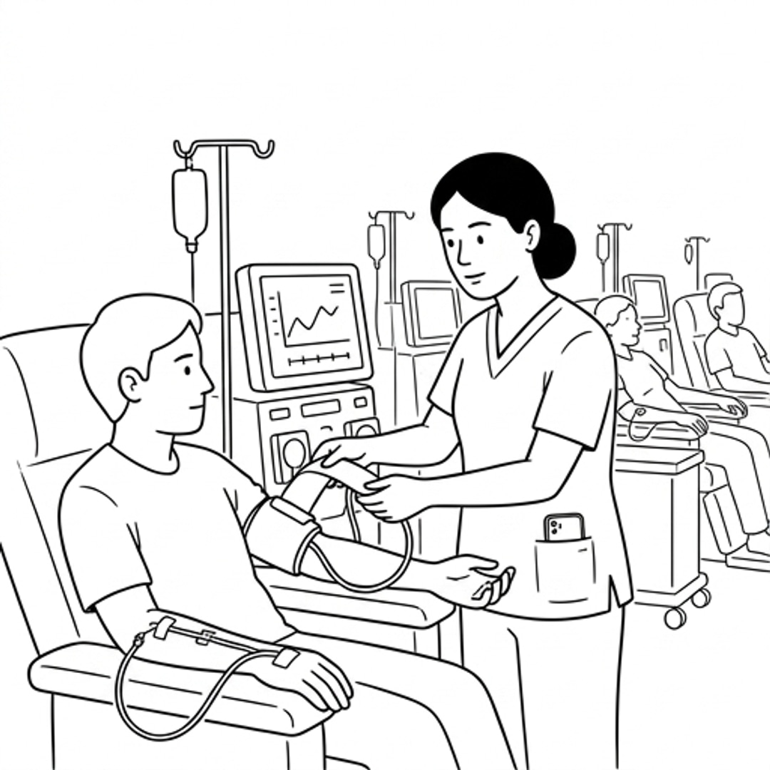 Sunita checks mobile alert and administers Heparin syringe deliberately