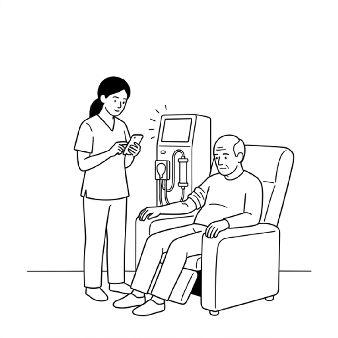 Sunita escorts patient slowly and safely to his dialysis chair