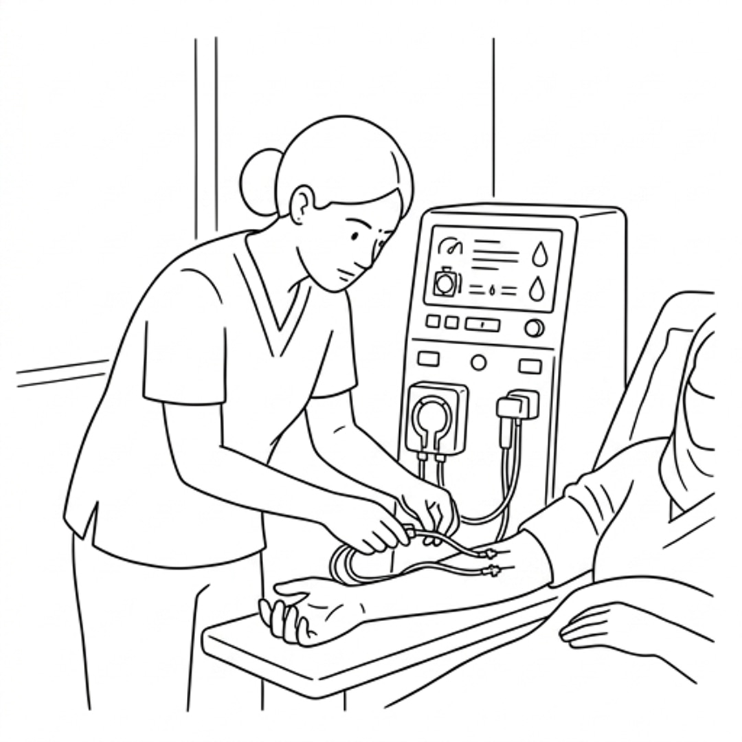 Sunita inserts the needle into the fistula with absolute focus and precision