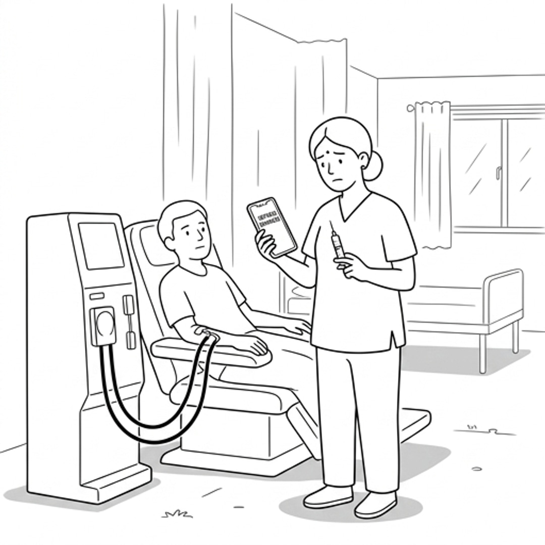 Sunita maintains full focus on blood lines while patient talks to her